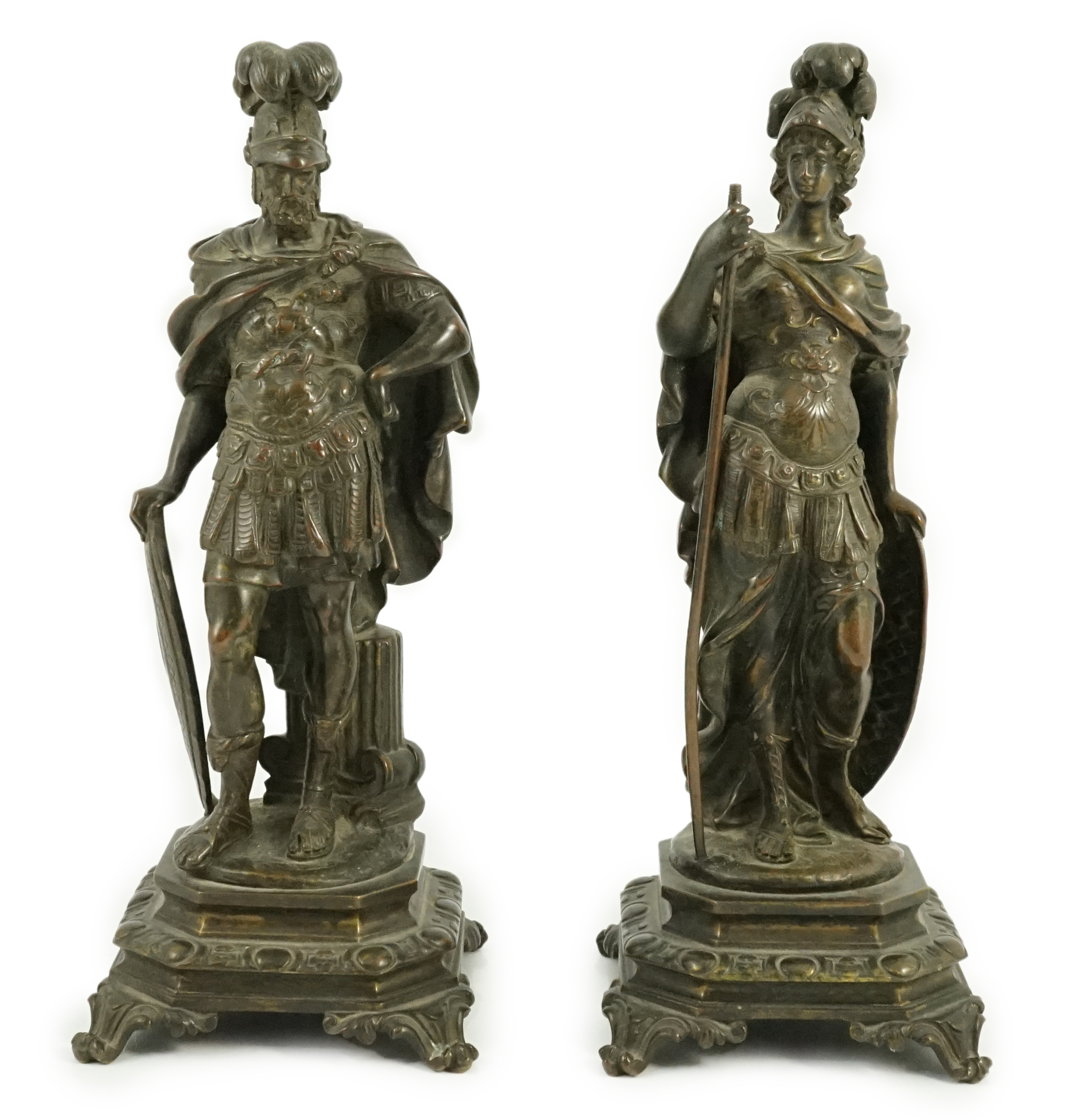 After Auguste Moreau (French, 1834-1917). A pair of 19th century bronze figures representing Pallas Athena/ Minerva and Ares/ Mars, 11cm wide, 11cm deep, 29cm high